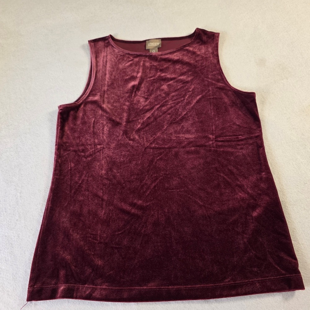 Chicos Velvet Tank Top Burgundy Wine Sleeveless Boat Neck Stretch Size 0 S